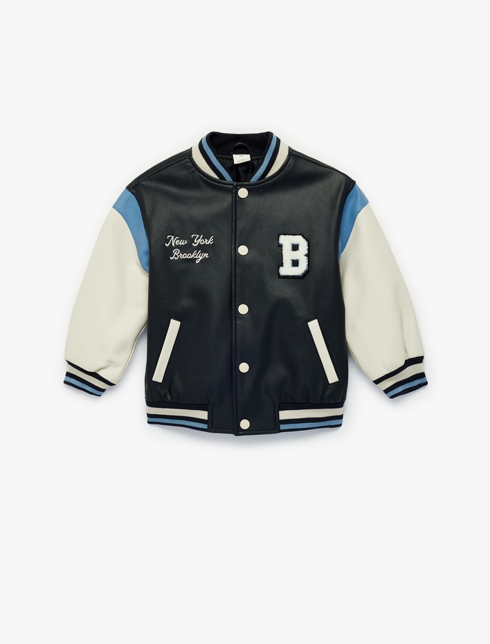 Erkek Bebek Uzun Kollu Bisiklet Yaka Suni Deri Bomber Kolej Ceket