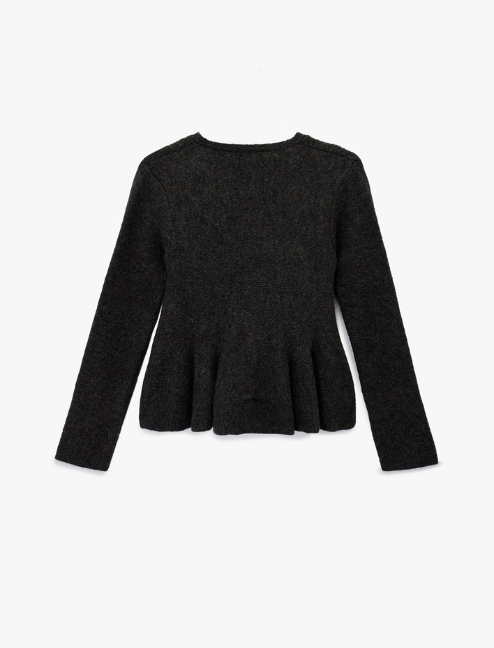  Uzun Kollu Bisiklet Yaka Düğme Detaylı Triko Peplum Hırka