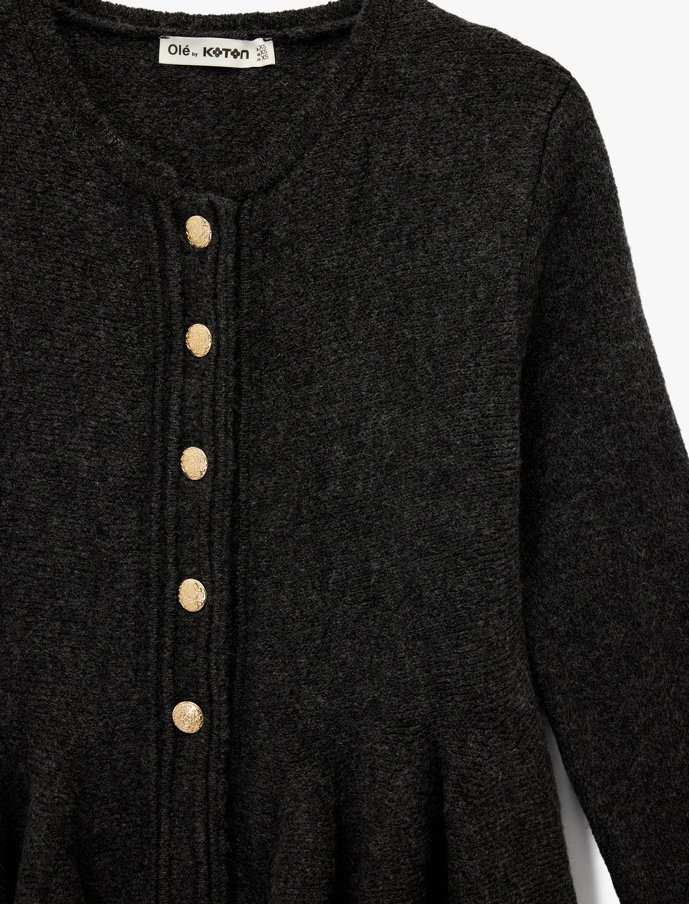   Uzun Kollu Bisiklet Yaka Düğme Detaylı Triko Peplum Hırka