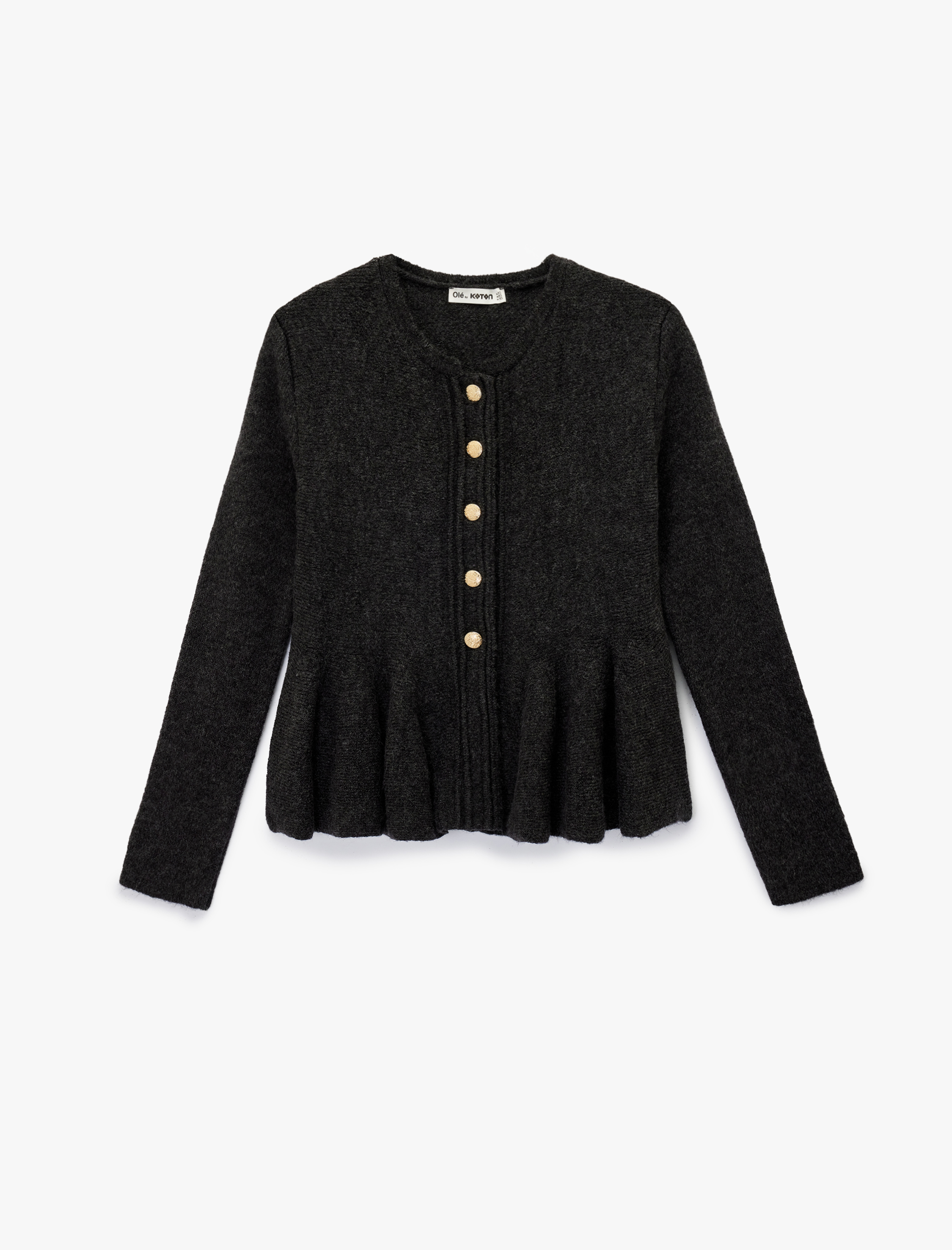   Uzun Kollu Bisiklet Yaka Düğme Detaylı Triko Peplum Hırka