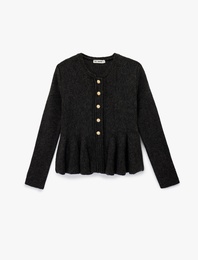 Uzun Kollu Bisiklet Yaka Düğme Detaylı Triko Peplum Hırka