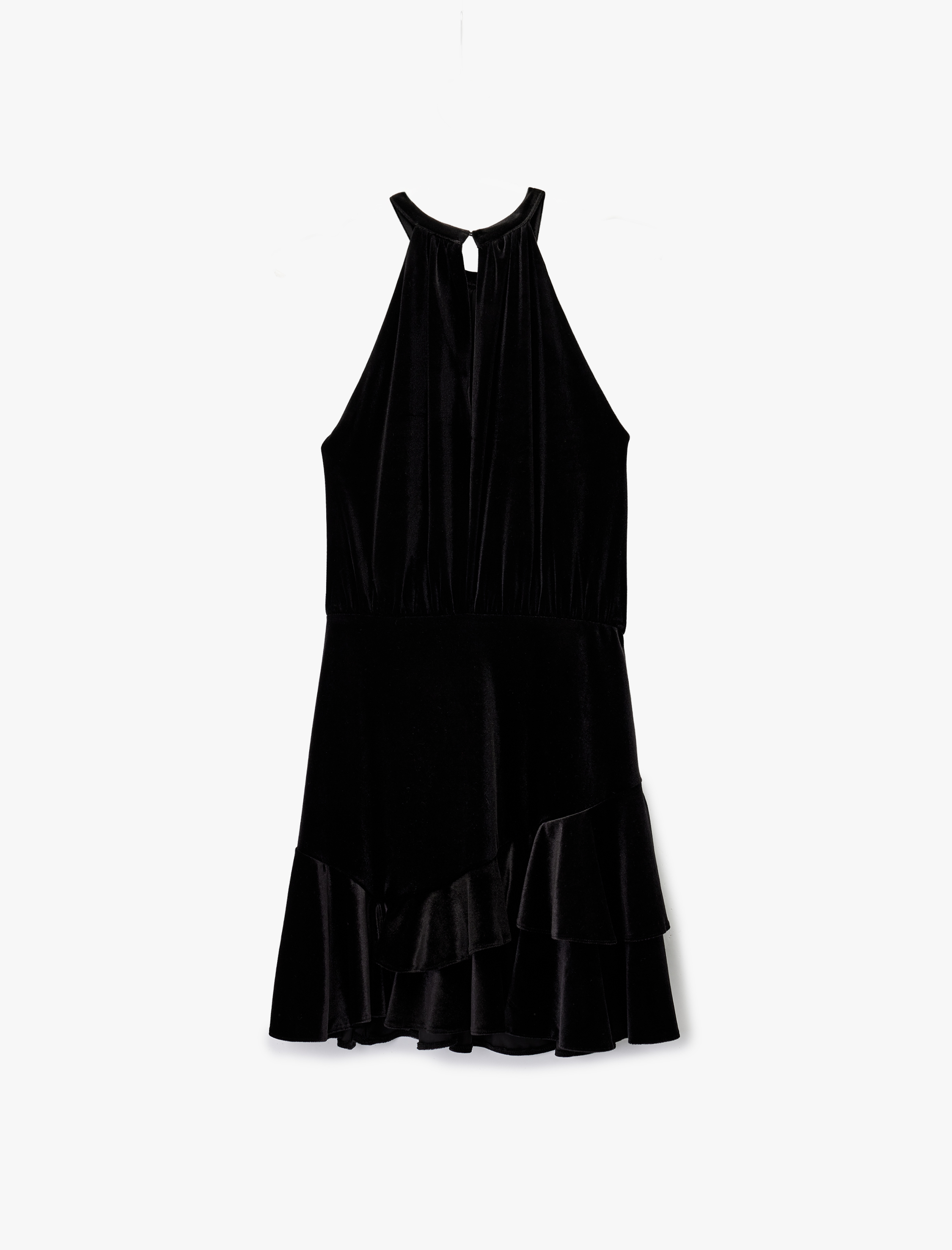   Slim Fit Kolsuz Fırfırlı Halter Yaka Kadife Mini Elbise