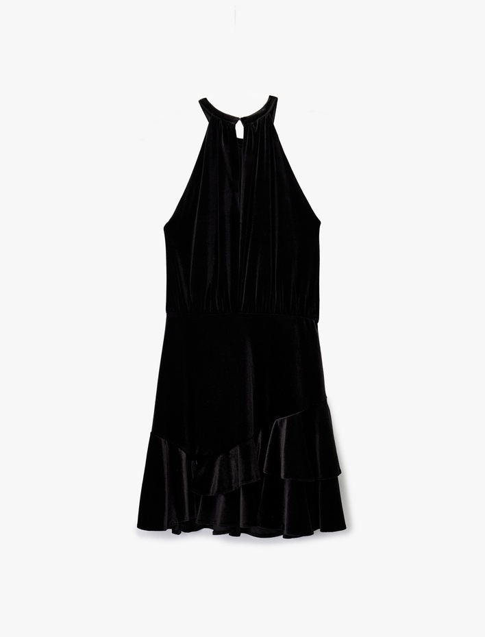  Slim Fit Kolsuz Fırfırlı Halter Yaka Kadife Mini Elbise