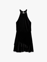 Slim Fit Kolsuz Fırfırlı Halter Yaka Kadife Mini Elbise