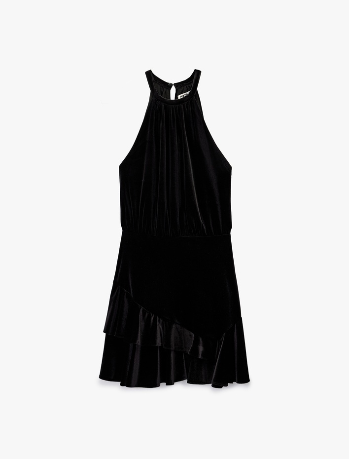  Slim Fit Kolsuz Fırfırlı Halter Yaka Kadife Mini Elbise