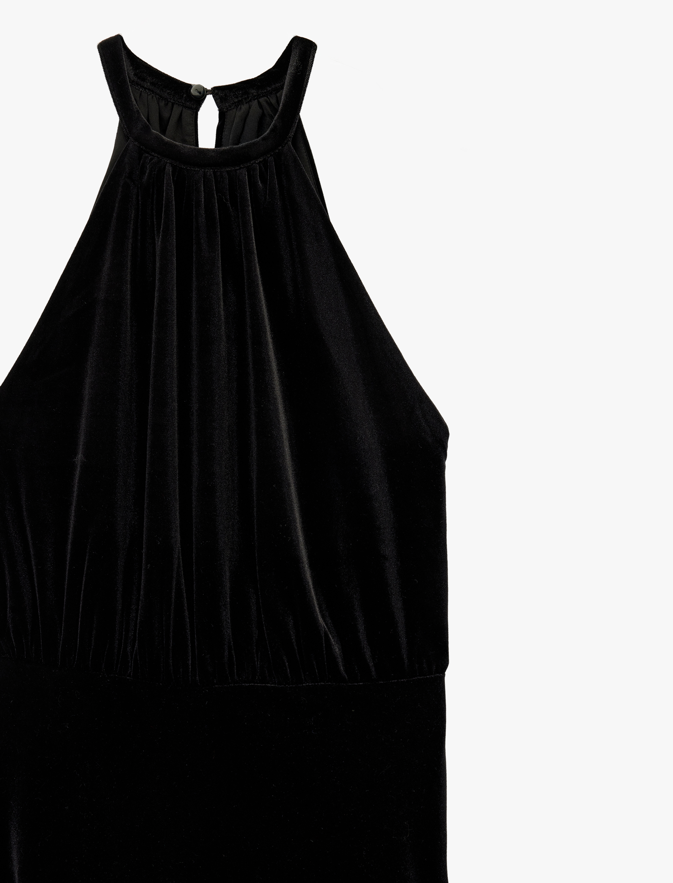   Slim Fit Kolsuz Fırfırlı Halter Yaka Kadife Mini Elbise