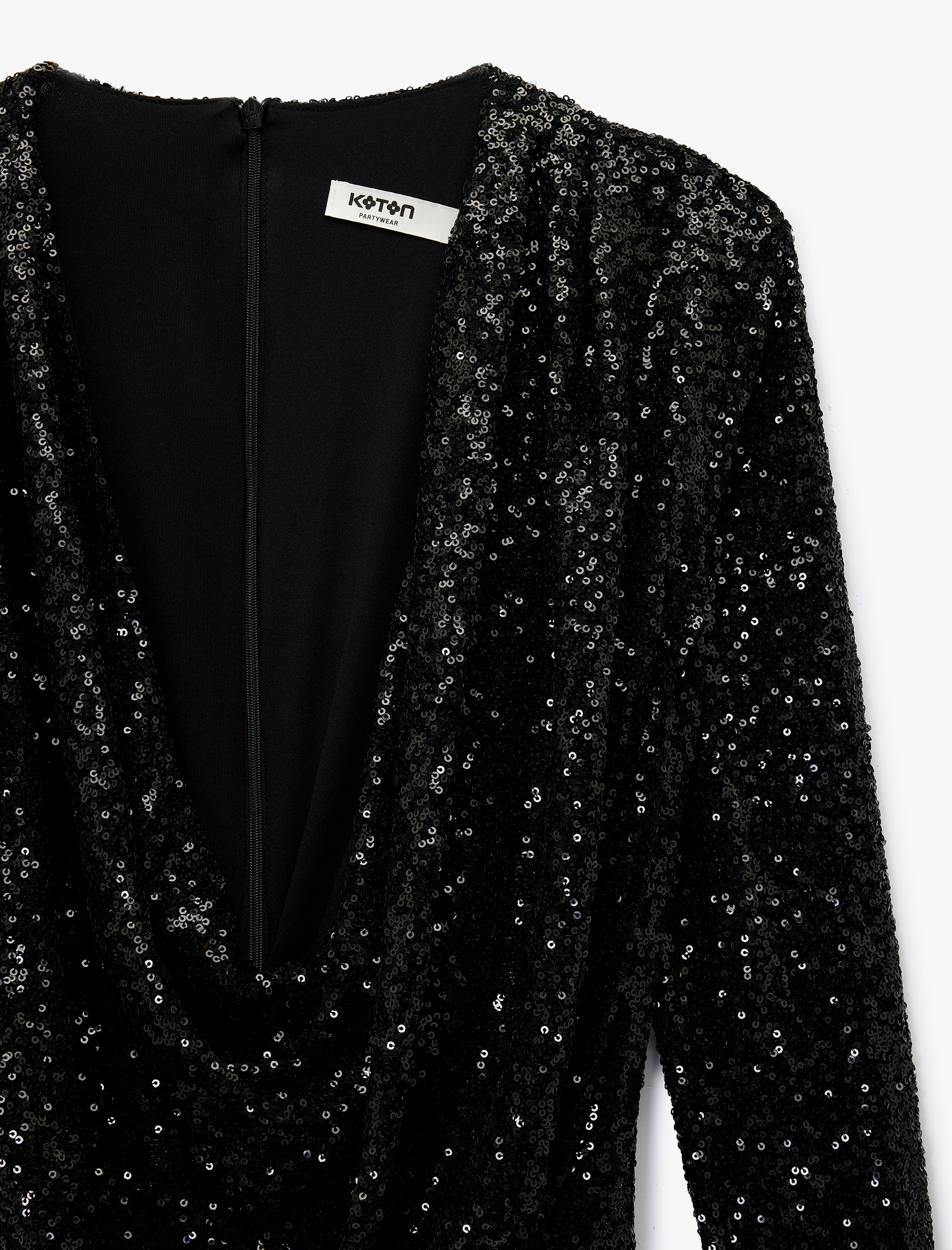   Uzun Kollu Degaje Yaka Pullu Payetli Crop Bluz