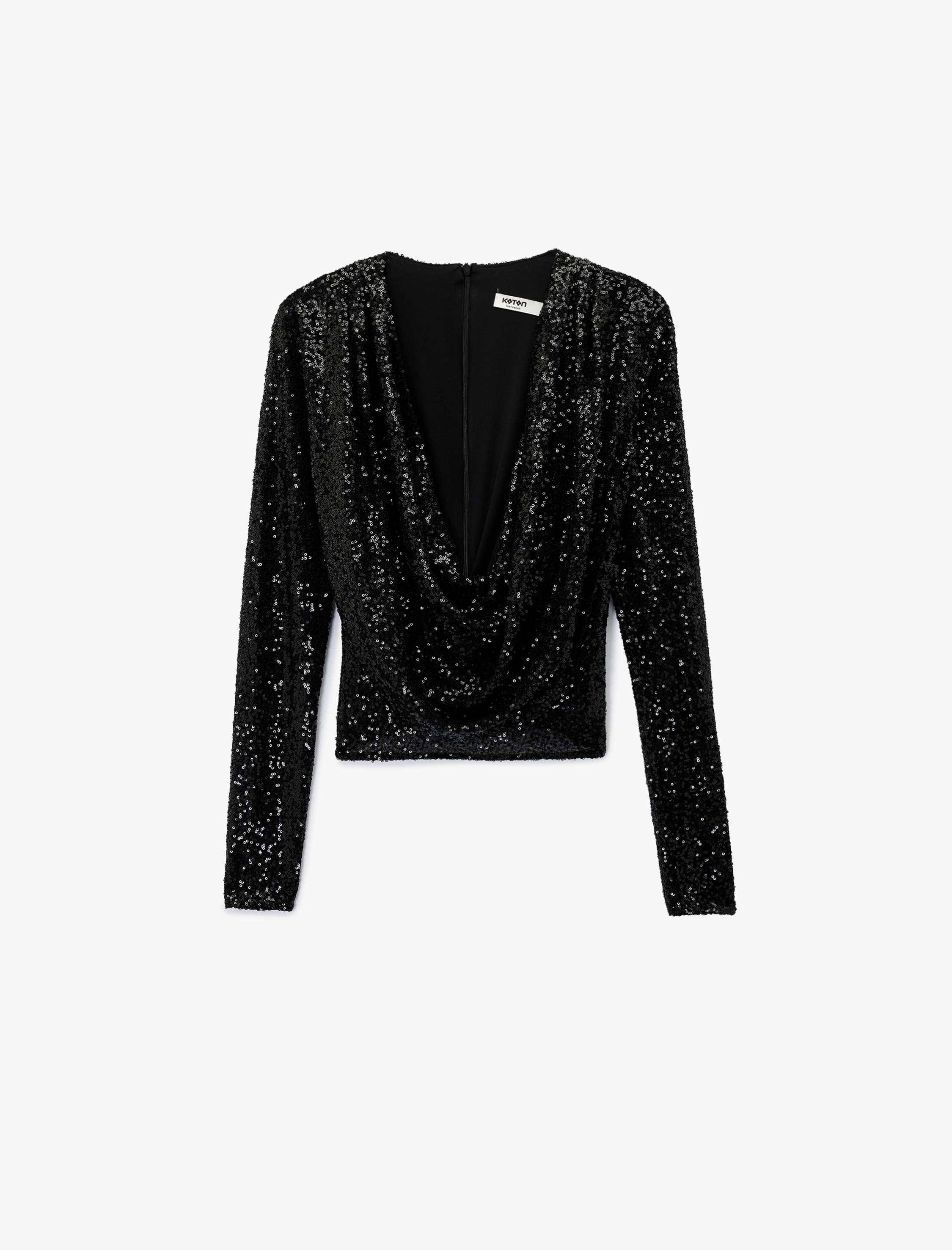   Uzun Kollu Degaje Yaka Pullu Payetli Crop Bluz