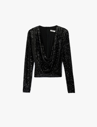 Uzun Kollu Degaje Yaka Pullu Payetli Crop Bluz