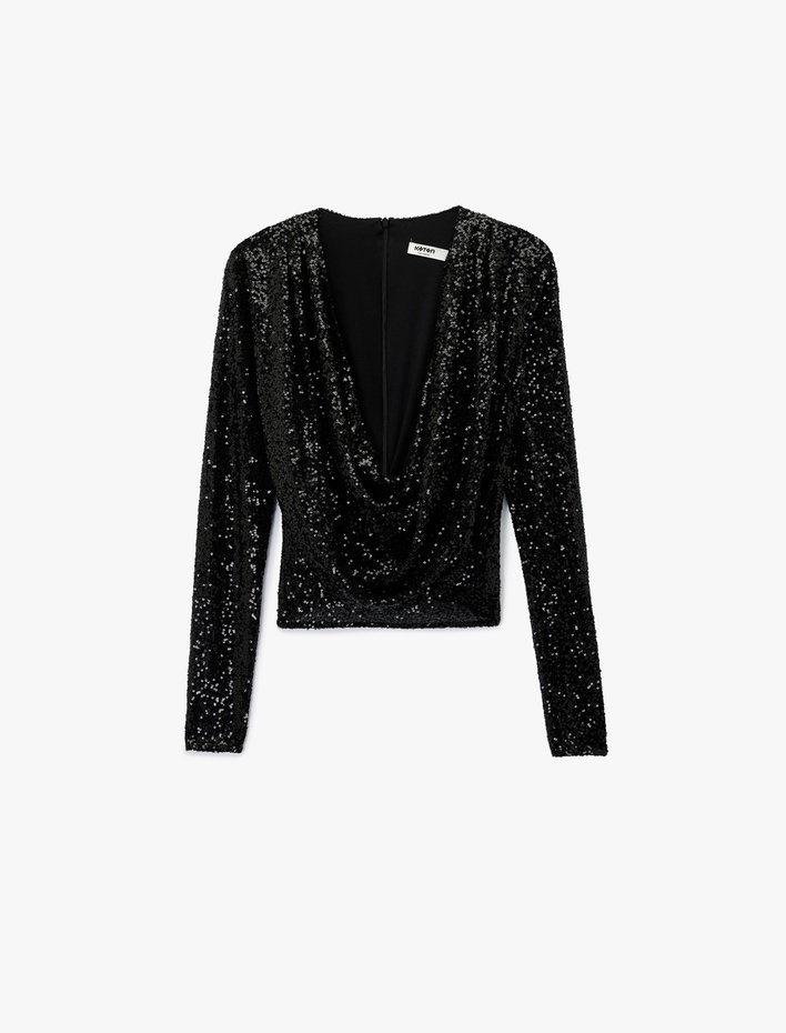  Uzun Kollu Degaje Yaka Pullu Payetli Crop Bluz