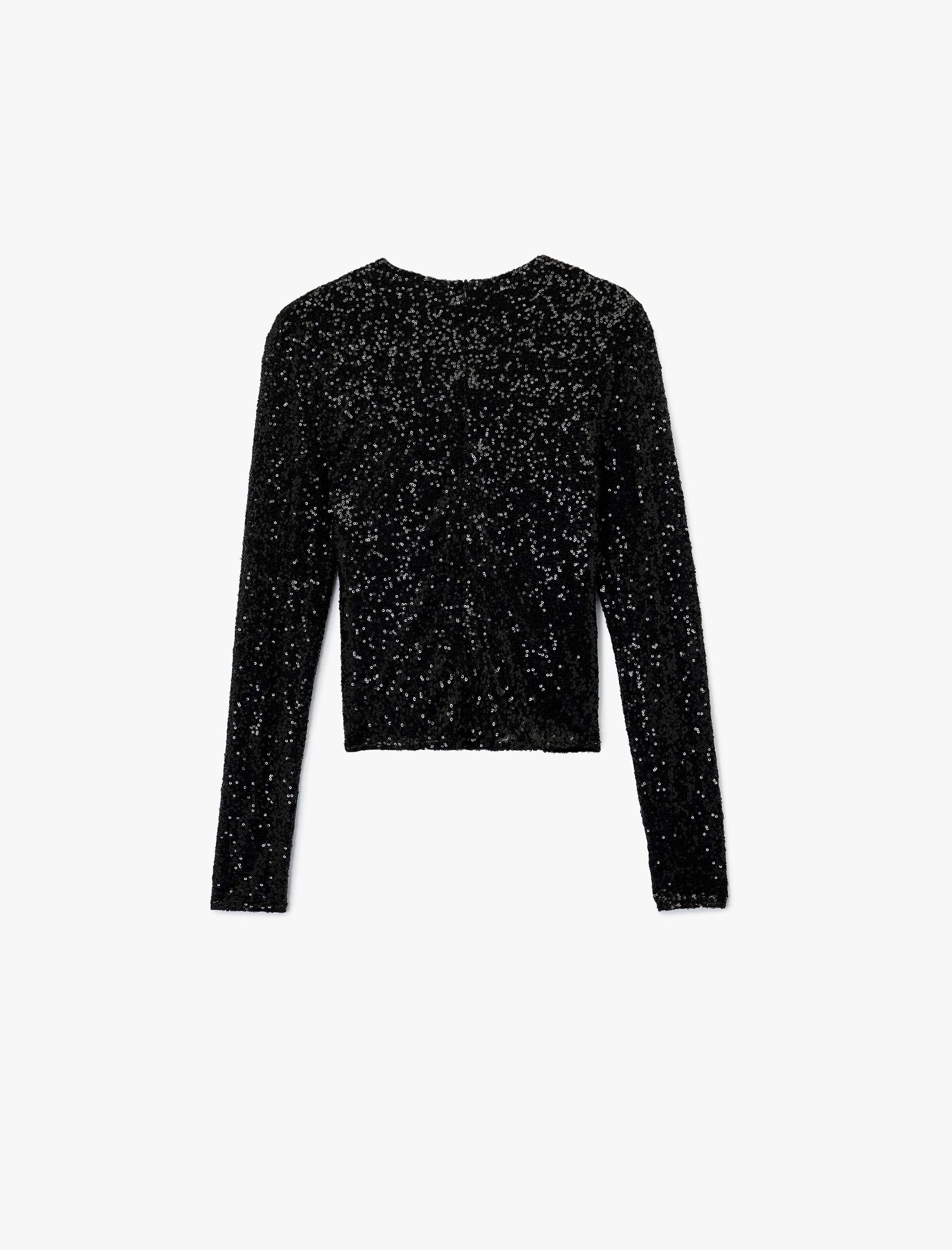   Uzun Kollu Degaje Yaka Pullu Payetli Crop Bluz