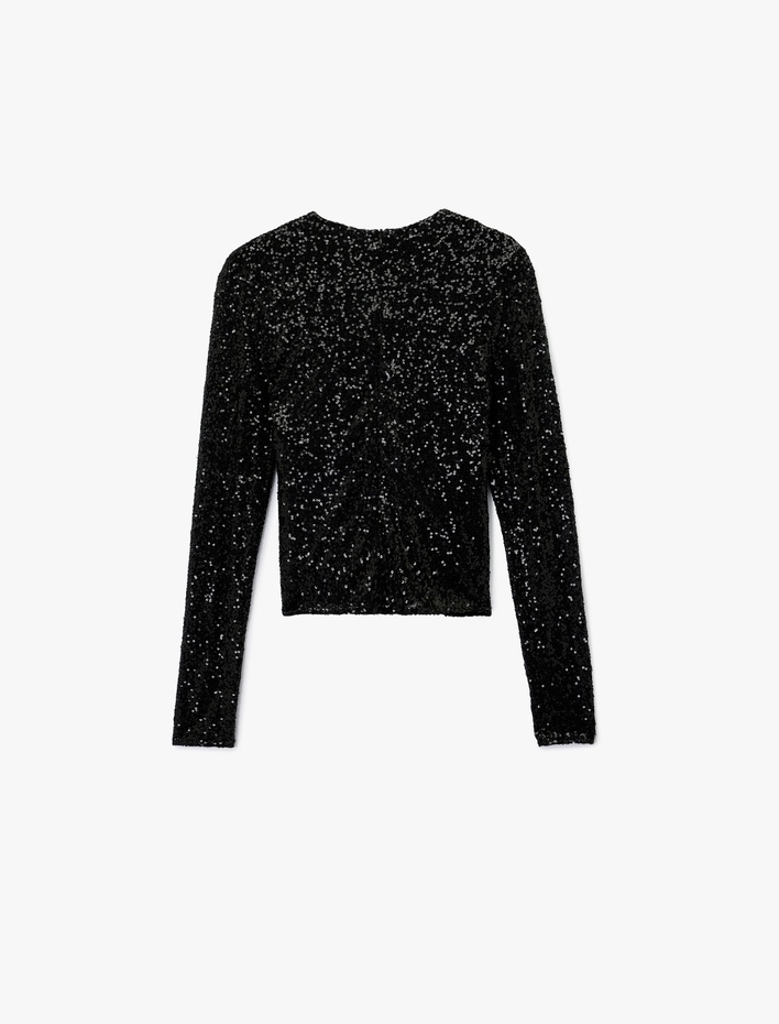  Uzun Kollu Degaje Yaka Pullu Payetli Crop Bluz