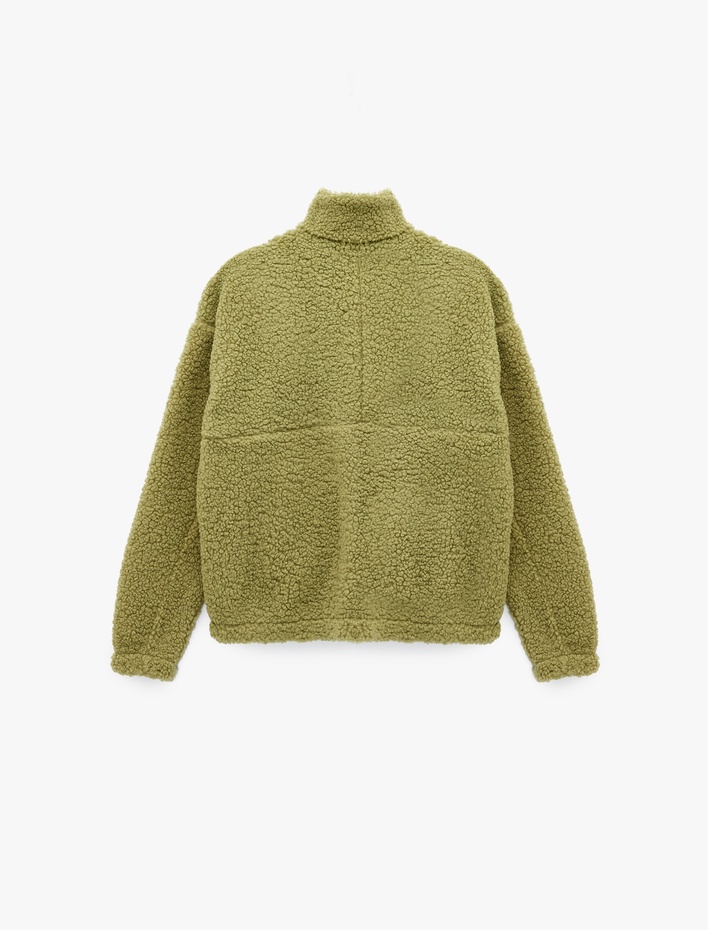  Uzun Kollu Cepli Dik Yaka Fermuarlı Peluş Ceket