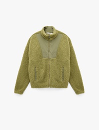 Uzun Kollu Cepli Dik Yaka Fermuarlı Peluş Ceket