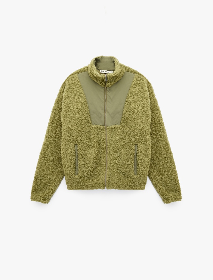  Uzun Kollu Cepli Dik Yaka Fermuarlı Peluş Ceket