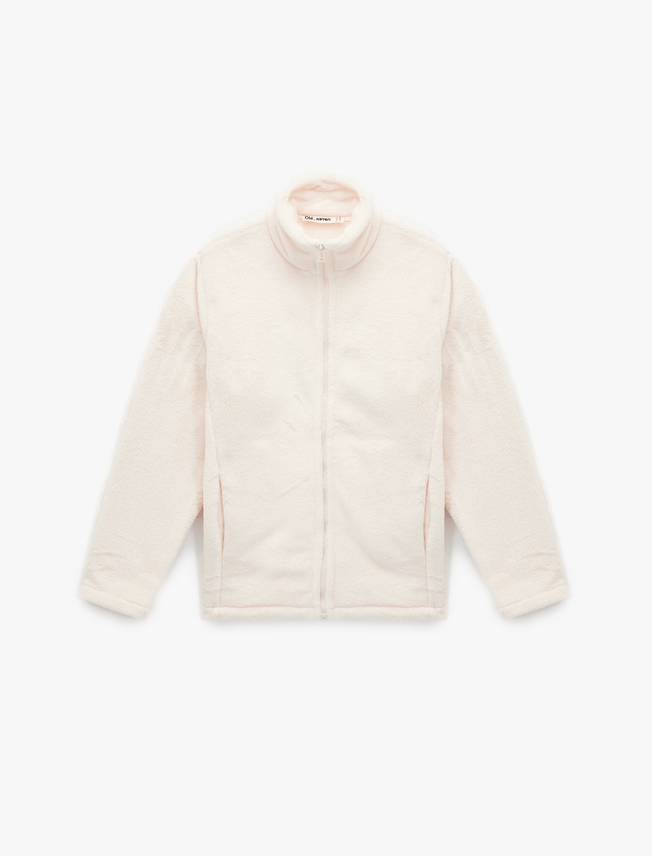   Dik Yaka Fermuarlı Cep Detaylı Oversize Peluş Ceket