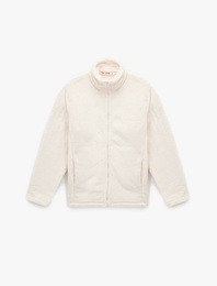 Dik Yaka Fermuarlı Cep Detaylı Oversize Peluş Ceket