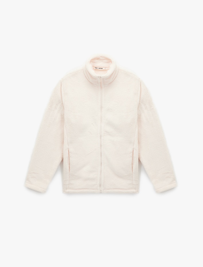  Dik Yaka Fermuarlı Cep Detaylı Oversize Peluş Ceket