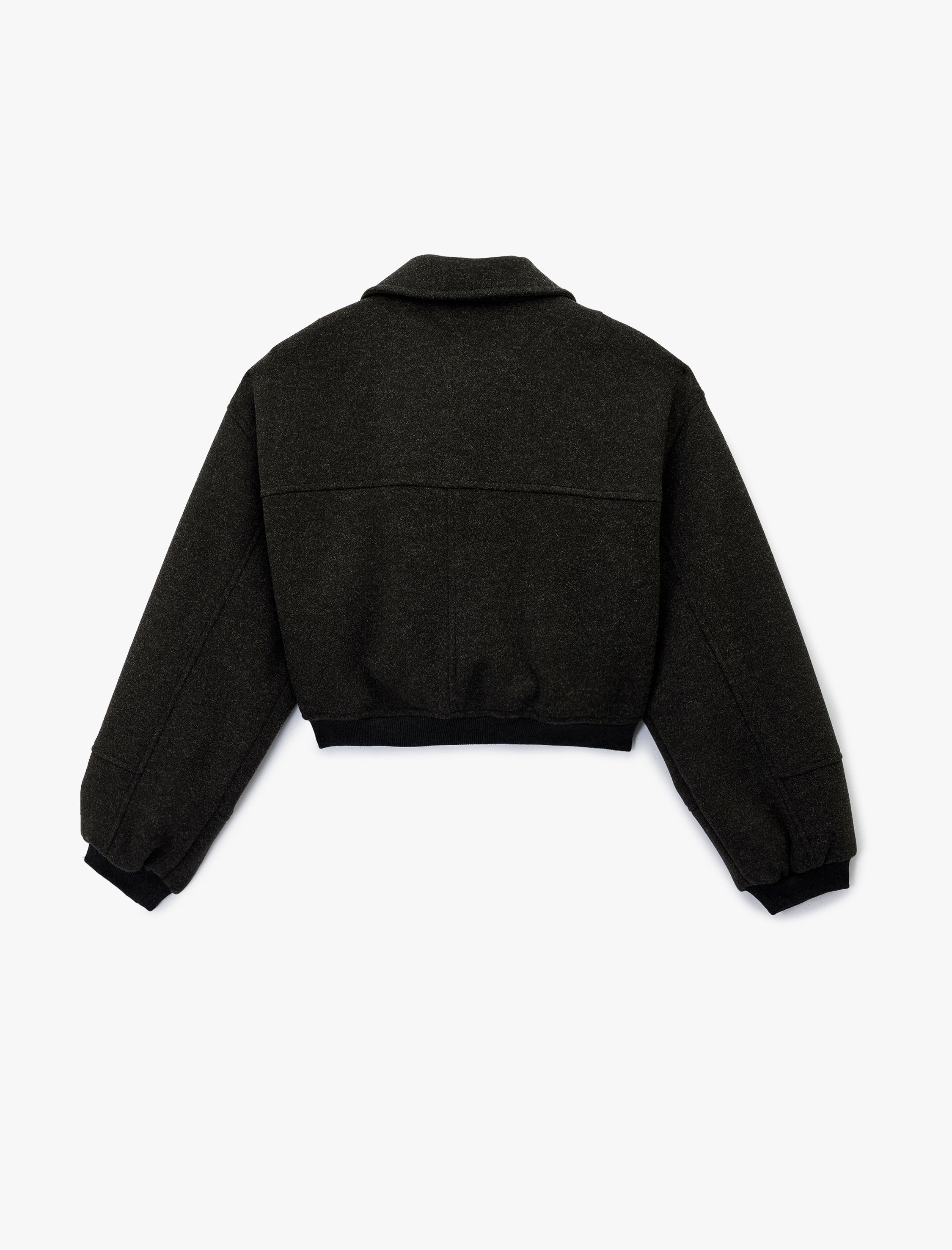   Uzun Kollu Fermuarlı Cepli Crop Kaşe Bomber Ceket