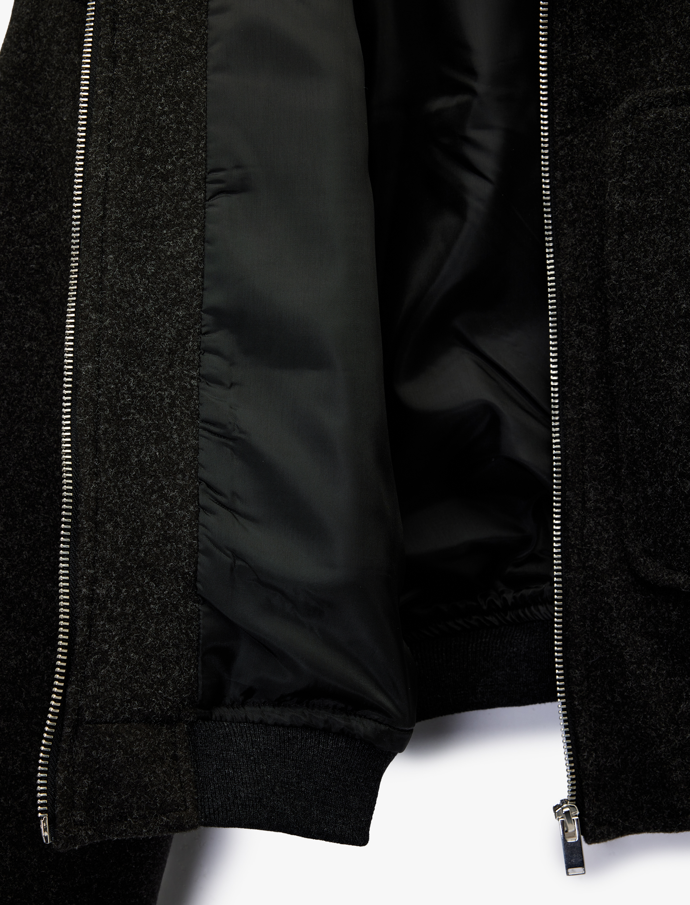   Uzun Kollu Fermuarlı Cepli Crop Kaşe Bomber Ceket