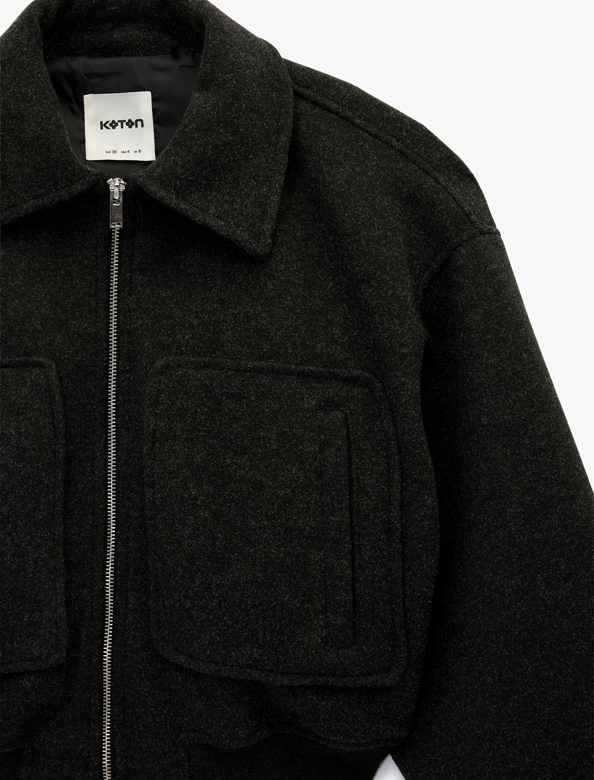   Uzun Kollu Fermuarlı Cepli Crop Kaşe Bomber Ceket