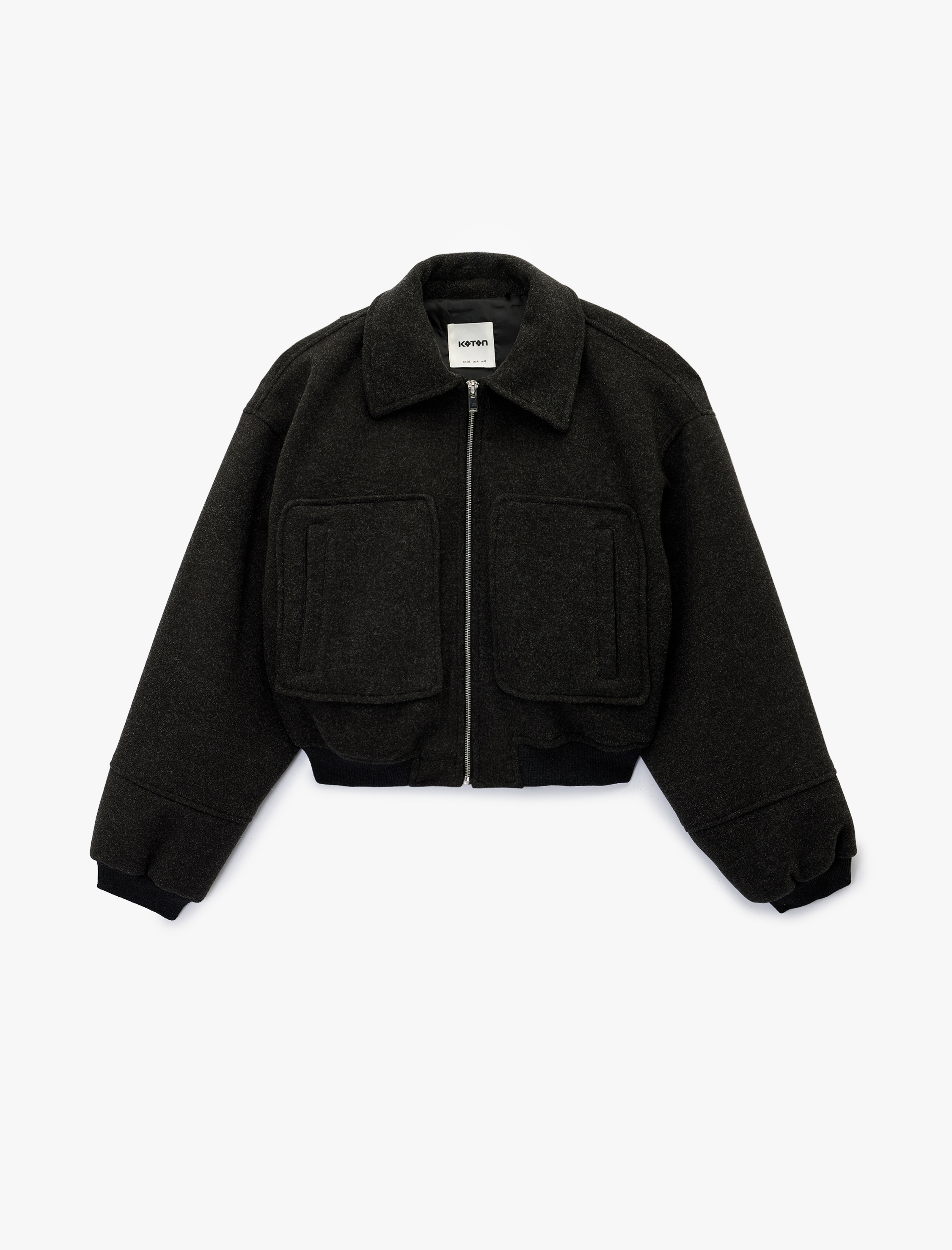   Uzun Kollu Fermuarlı Cepli Crop Kaşe Bomber Ceket