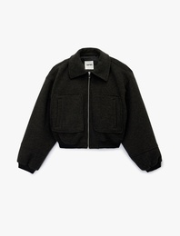 Uzun Kollu Fermuarlı Cepli Crop Kaşe Bomber Ceket