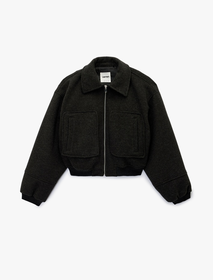  Uzun Kollu Fermuarlı Cepli Crop Kaşe Bomber Ceket