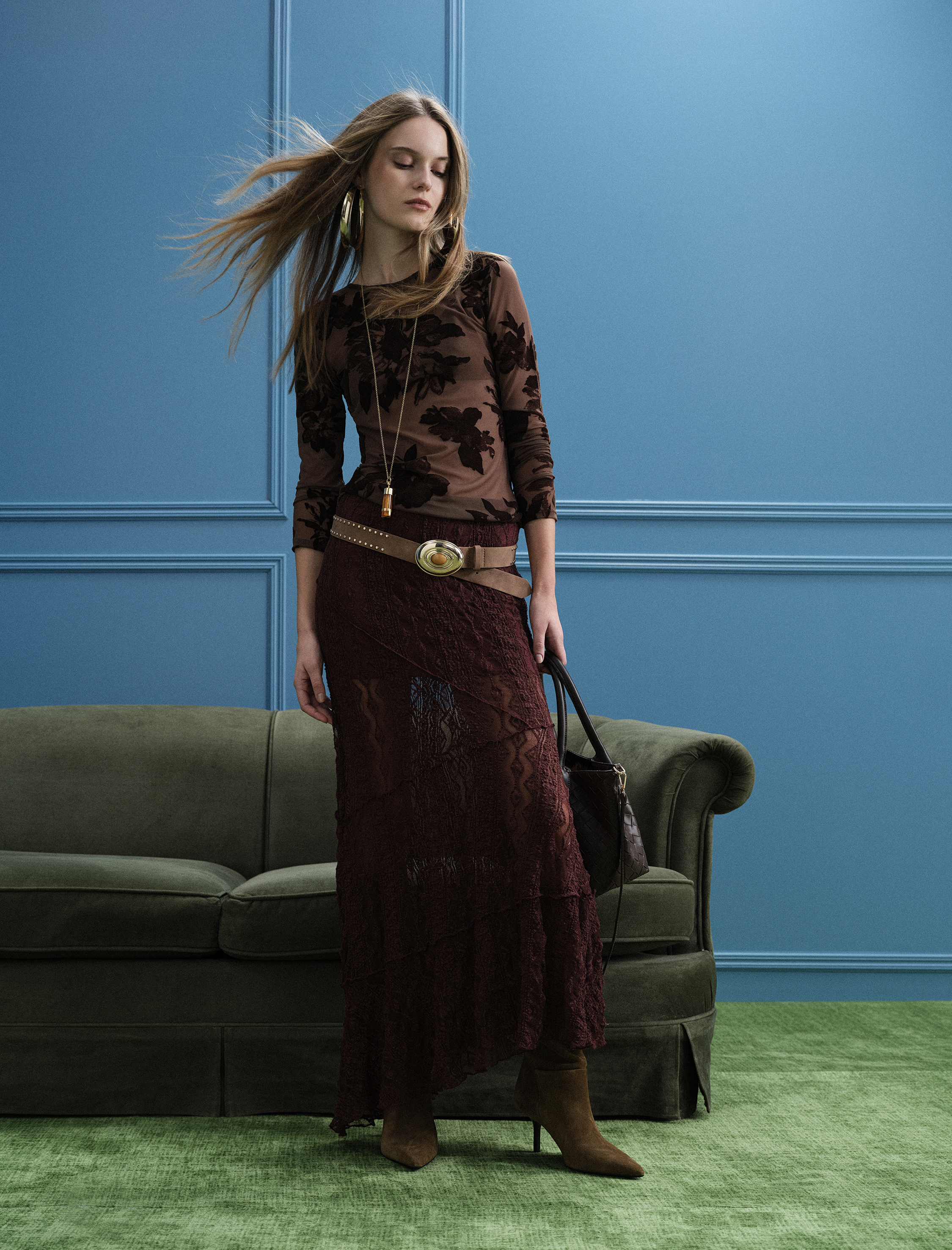   Yarı Transparan Asimetrik Kesim Midi Dantel Etek