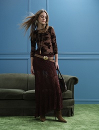 Yarı Transparan Asimetrik Kesim Midi Dantel Etek