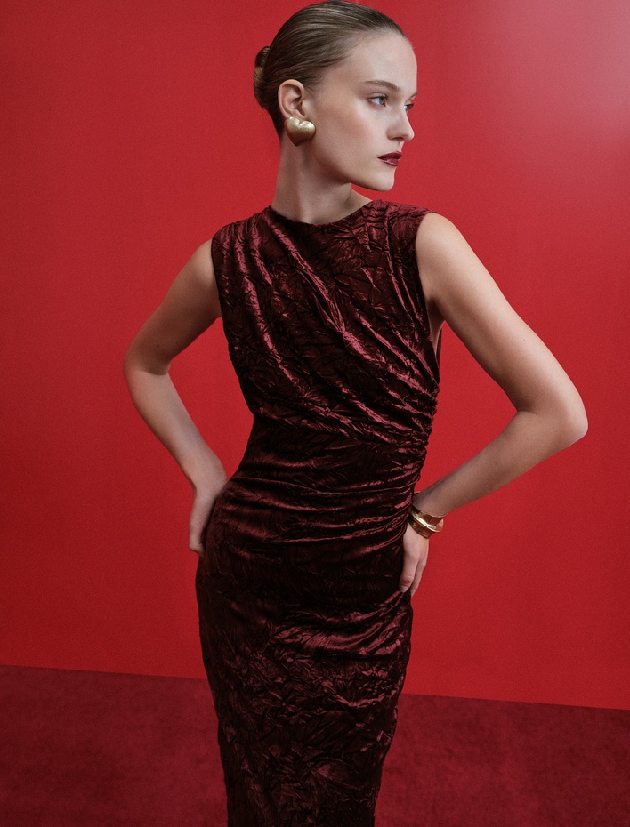  Kolsuz Bisiklet Yaka Drapeli Midi Elbise