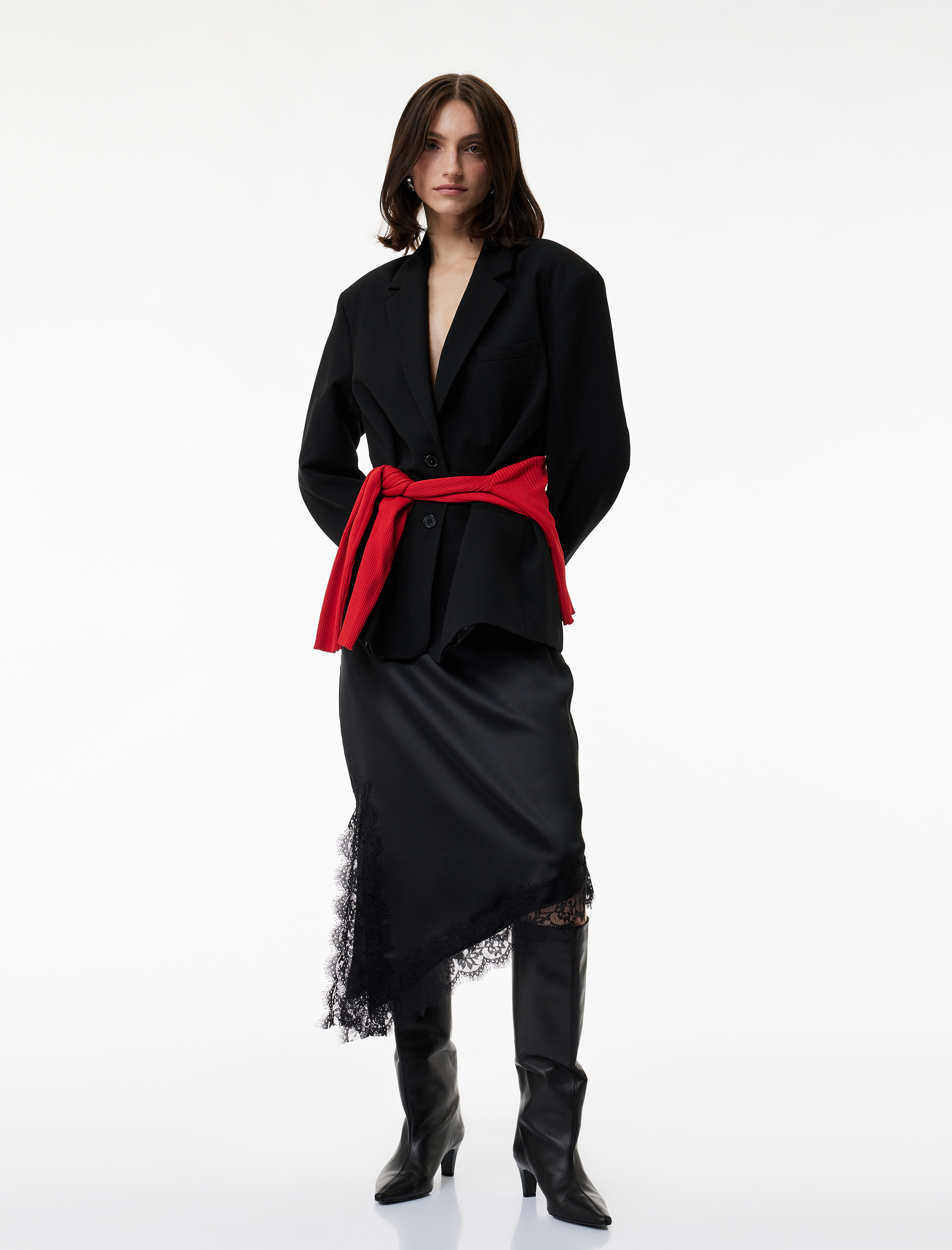   Asimetrik Kesim Dantel Detaylı Midi Saten Etek