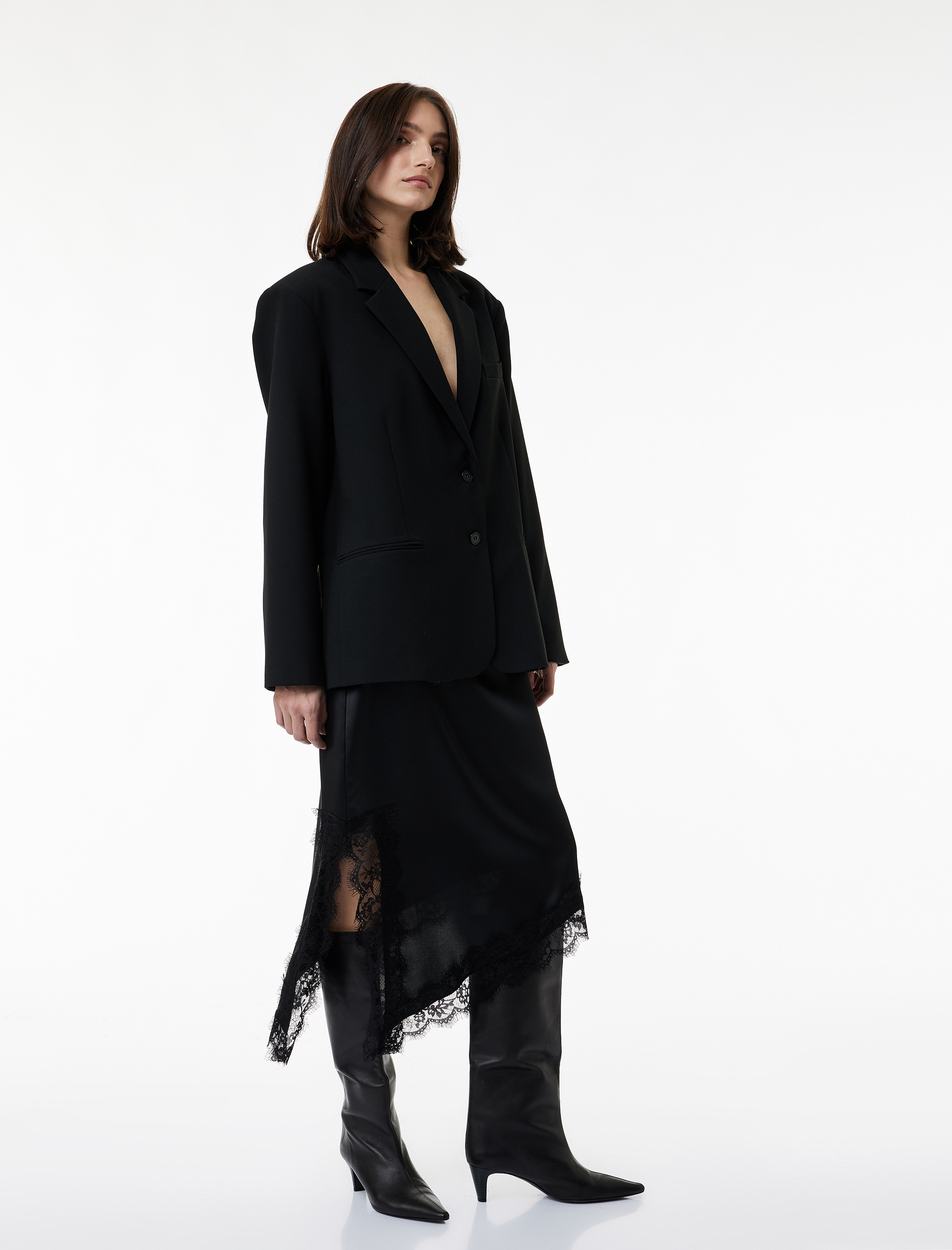   Asimetrik Kesim Dantel Detaylı Midi Saten Etek