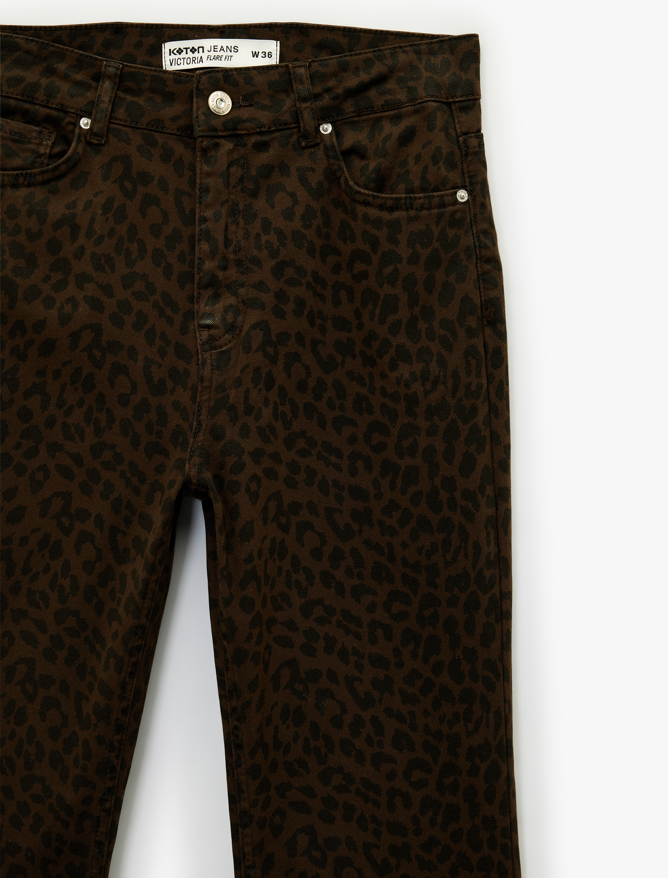   Cepli Yüksek Bel Leopar Desenli İspanyol Paça Jean Pantolon - Flare Jeans