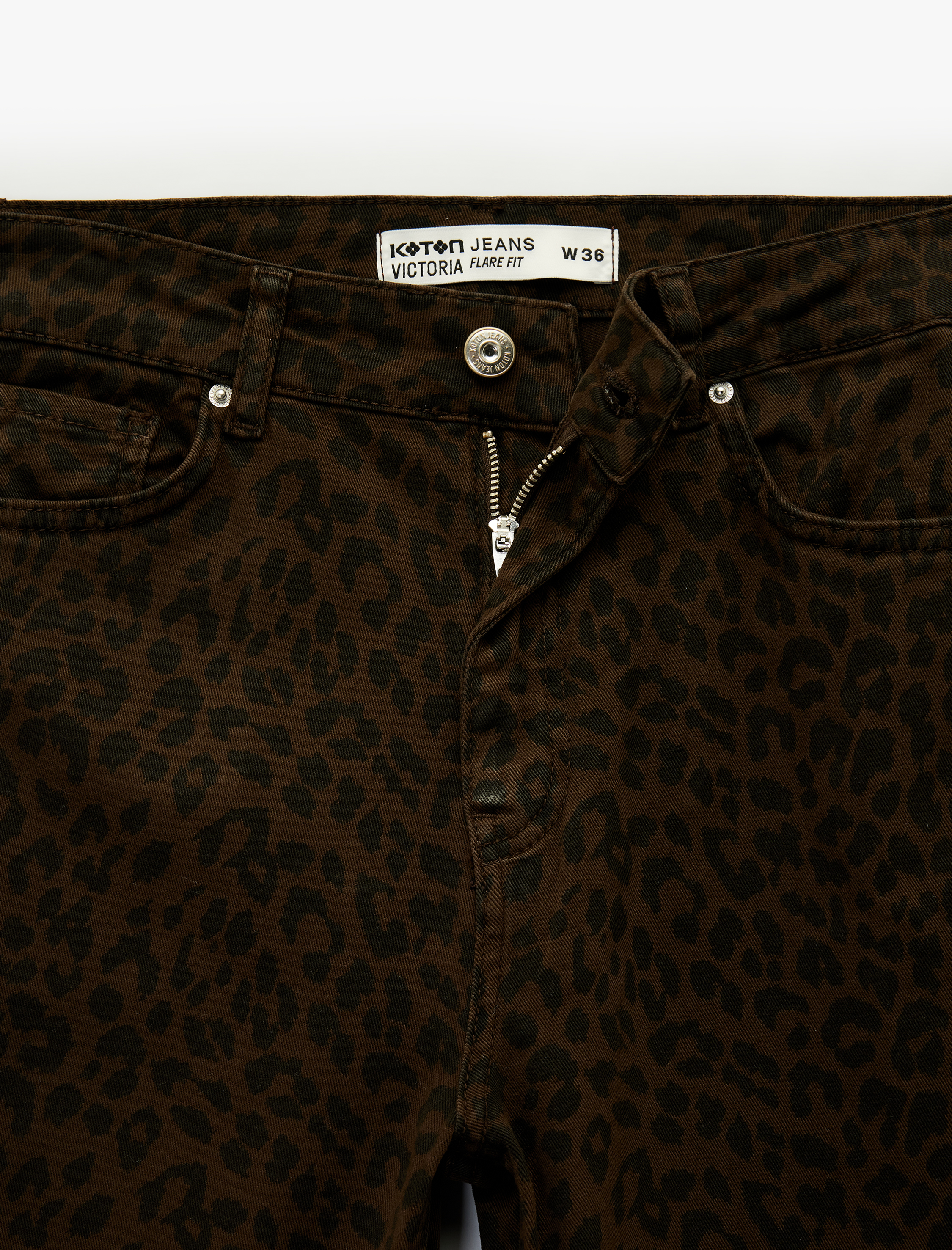   Cepli Yüksek Bel Leopar Desenli İspanyol Paça Jean Pantolon - Flare Jeans