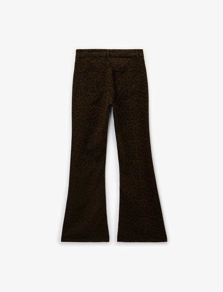  Cepli Yüksek Bel Leopar Desenli İspanyol Paça Jean Pantolon - Flare Jeans