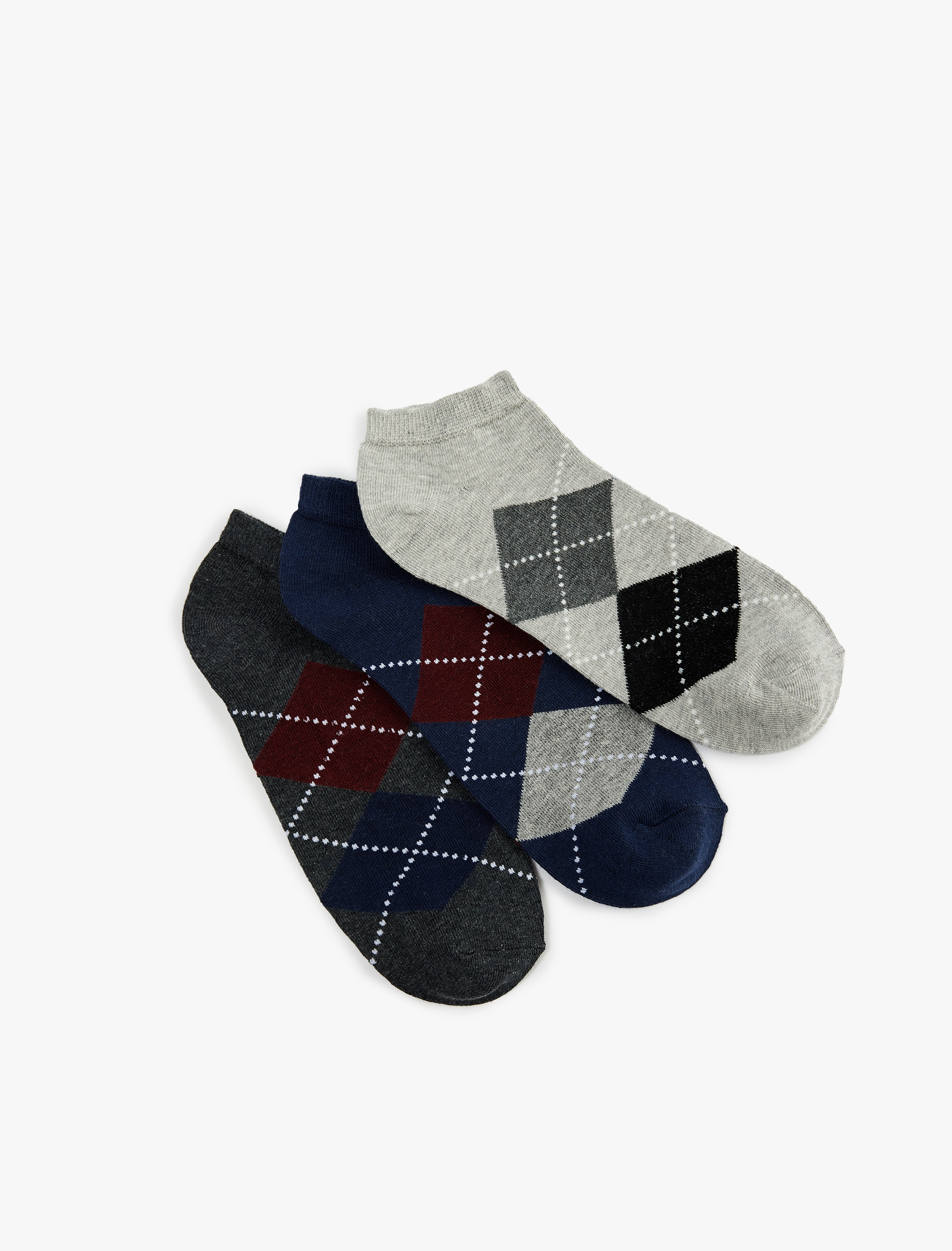  Erkek Baklava Desenli Pamuklu Çok Renkli 3'lü Patik Çorap Seti