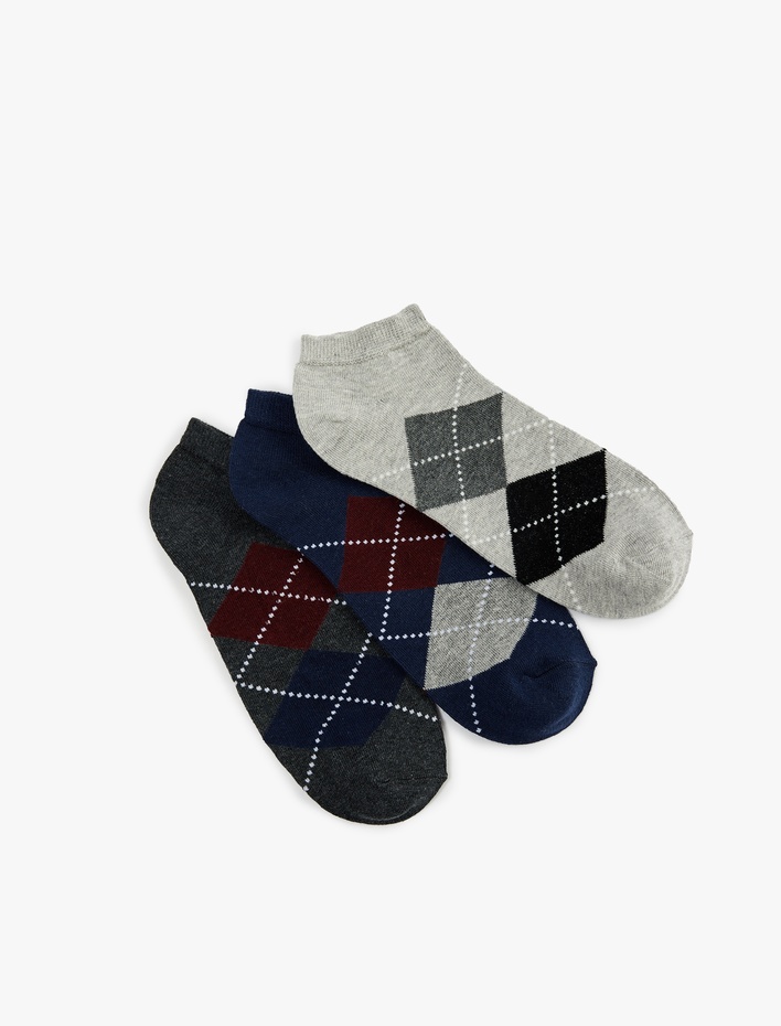 Erkek Baklava Desenli Pamuklu Çok Renkli 3'lü Patik Çorap Seti