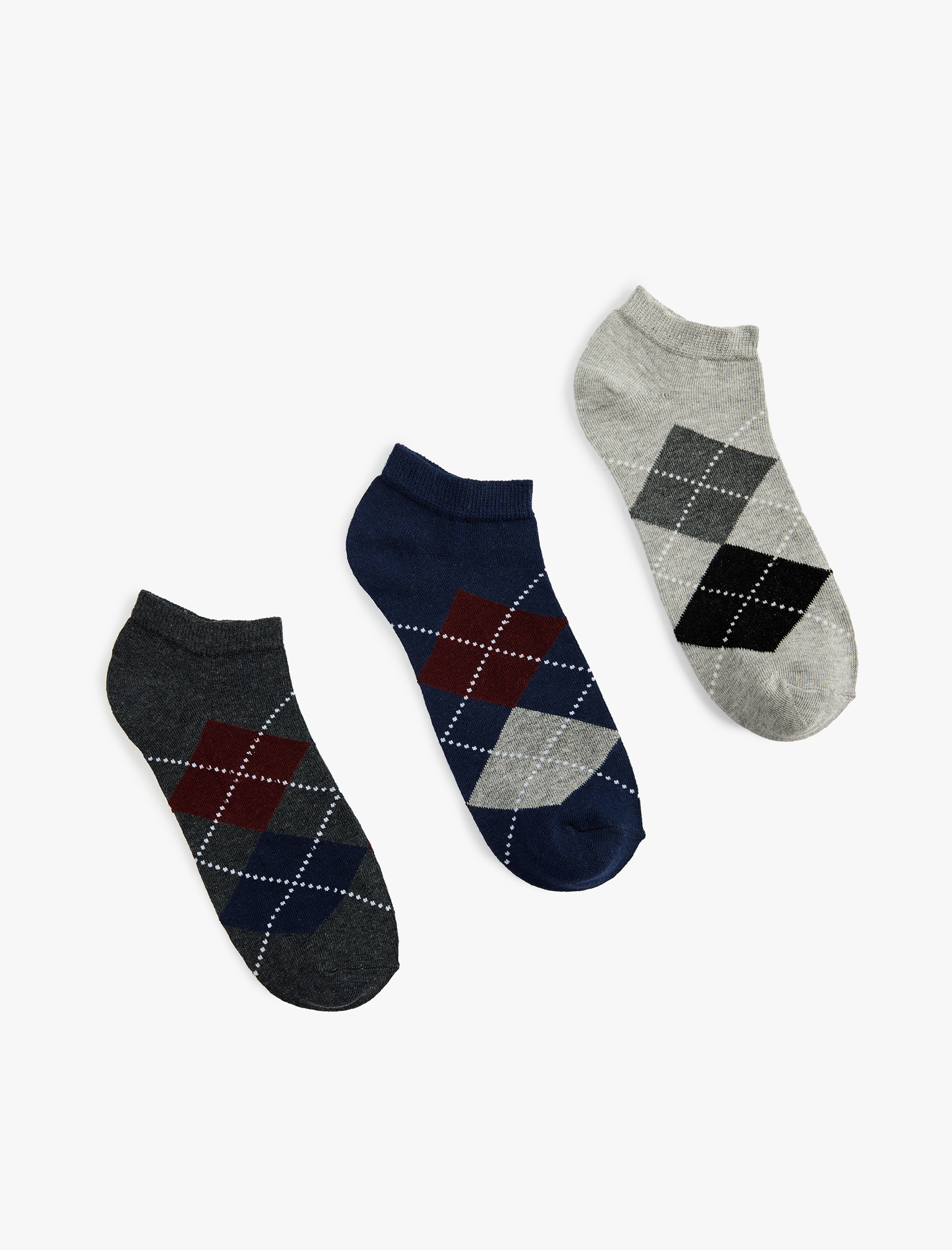  Erkek Baklava Desenli Pamuklu Çok Renkli 3'lü Patik Çorap Seti