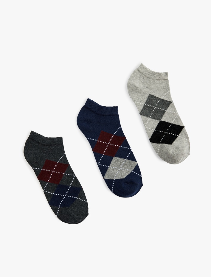 Erkek Baklava Desenli Pamuklu Çok Renkli 3'lü Patik Çorap Seti