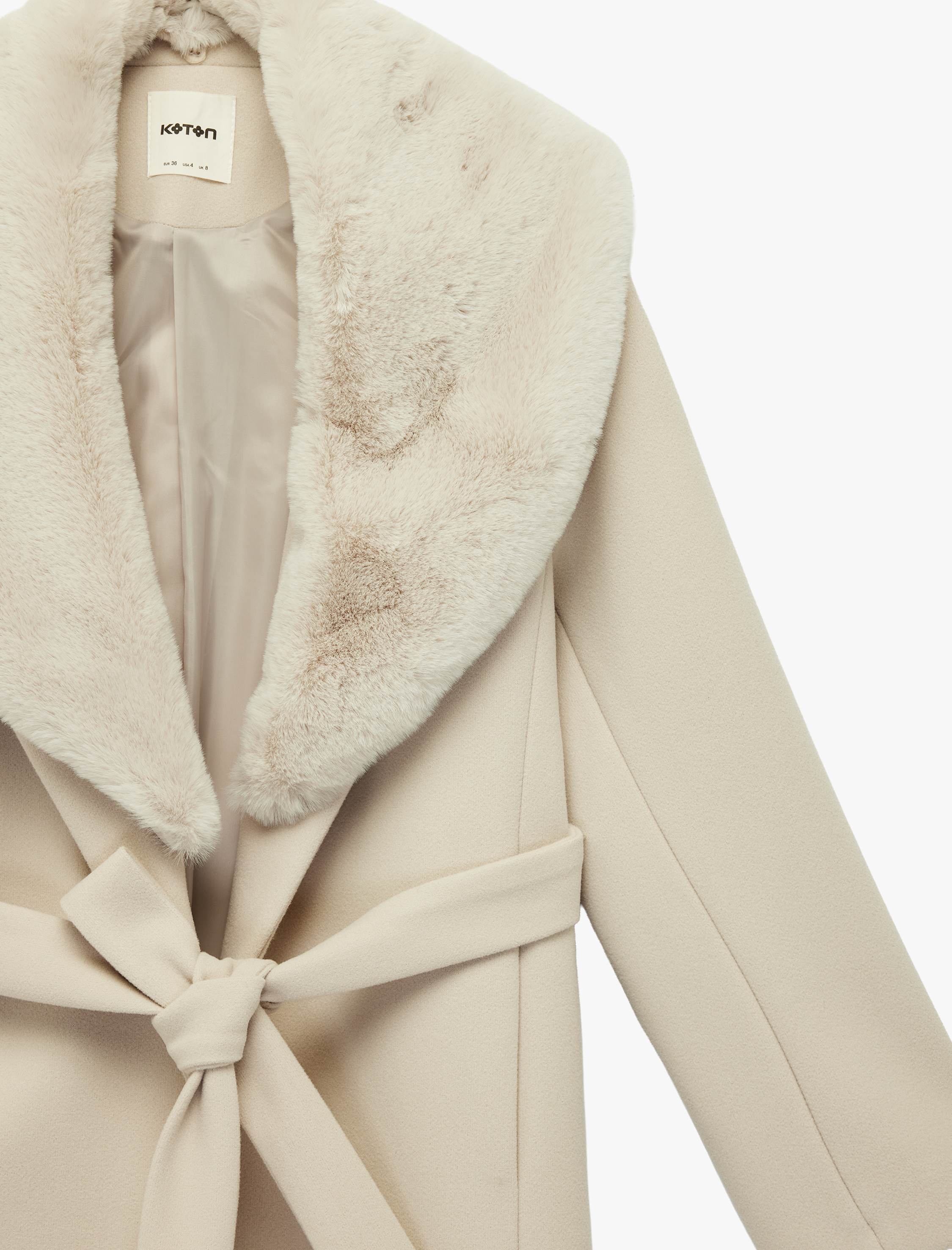   Çıkarılabilir Kürk Yaka Kaban Kemerli Kaşe Uzun Kollu