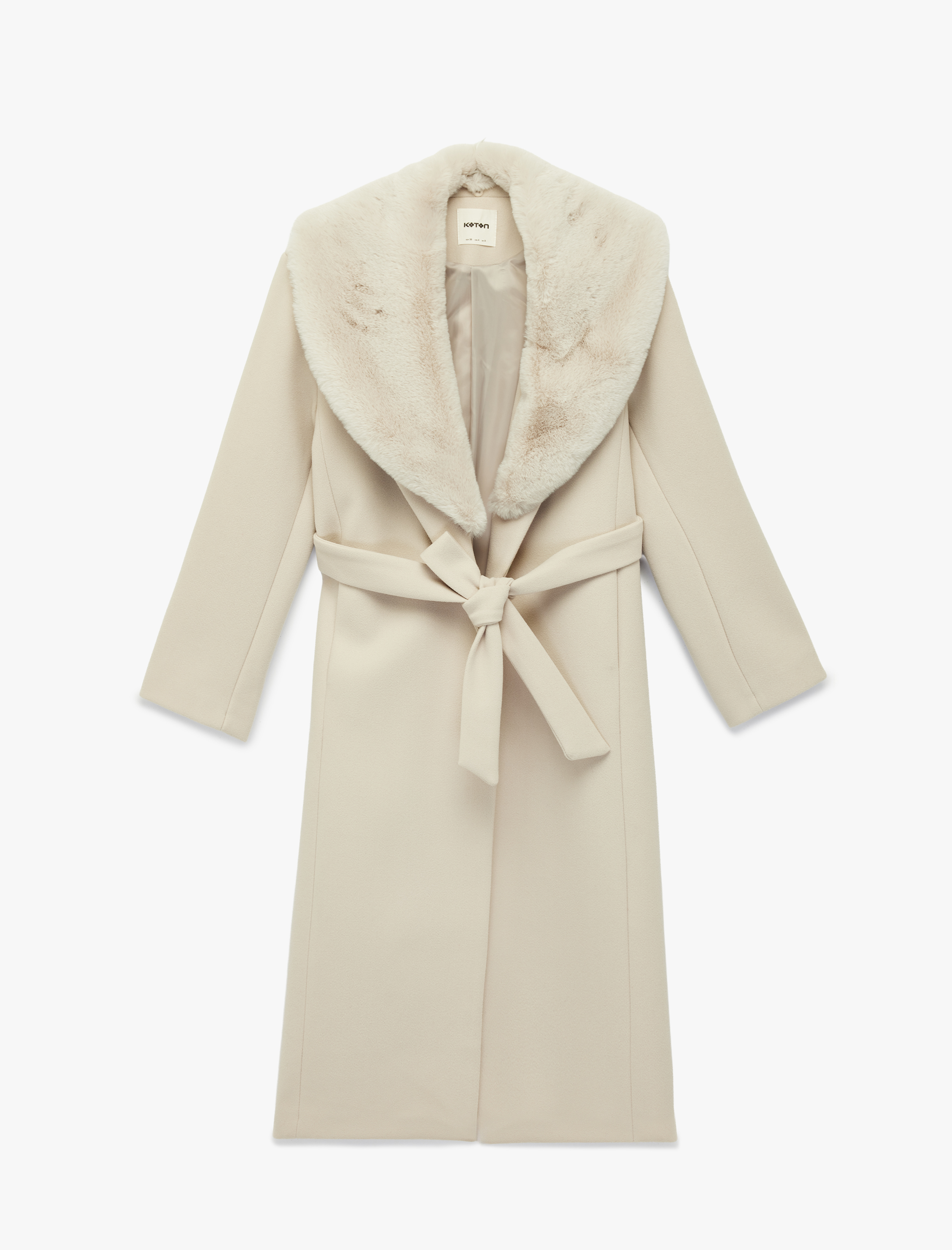   Çıkarılabilir Kürk Yaka Kaban Kemerli Kaşe Uzun Kollu