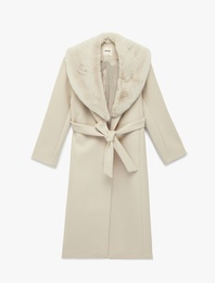 Çıkarılabilir Kürk Yaka Kaban Kemerli Kaşe Uzun Kollu