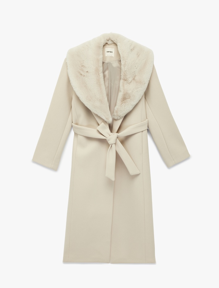  Çıkarılabilir Kürk Yaka Kaban Kemerli Kaşe Uzun Kollu