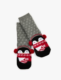 Ponpon Detaylı Pamuklu Penguen Desenli Yılbaşı Çorabı