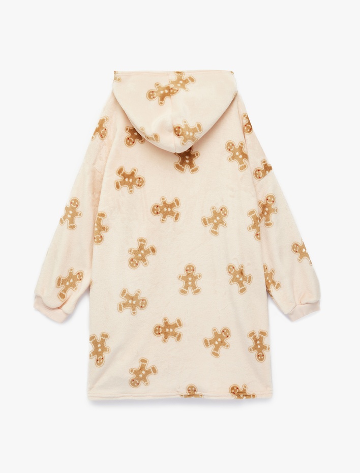 Kız Çocuk Kurabiye Adam Baskılı Uzun Kollu Oversize Kapşonlu Sabahlık