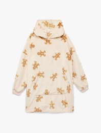 Kurabiye Adam Baskılı Uzun Kollu Oversize Kapşonlu Sabahlık