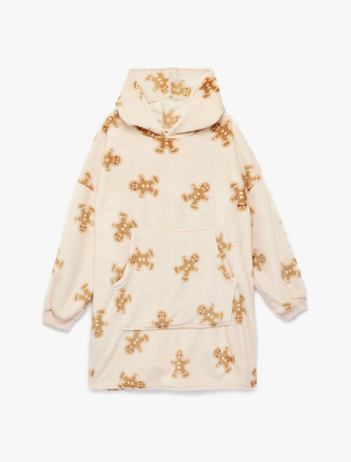 Kız Çocuk Kurabiye Adam Baskılı Uzun Kollu Oversize Kapşonlu Sabahlık