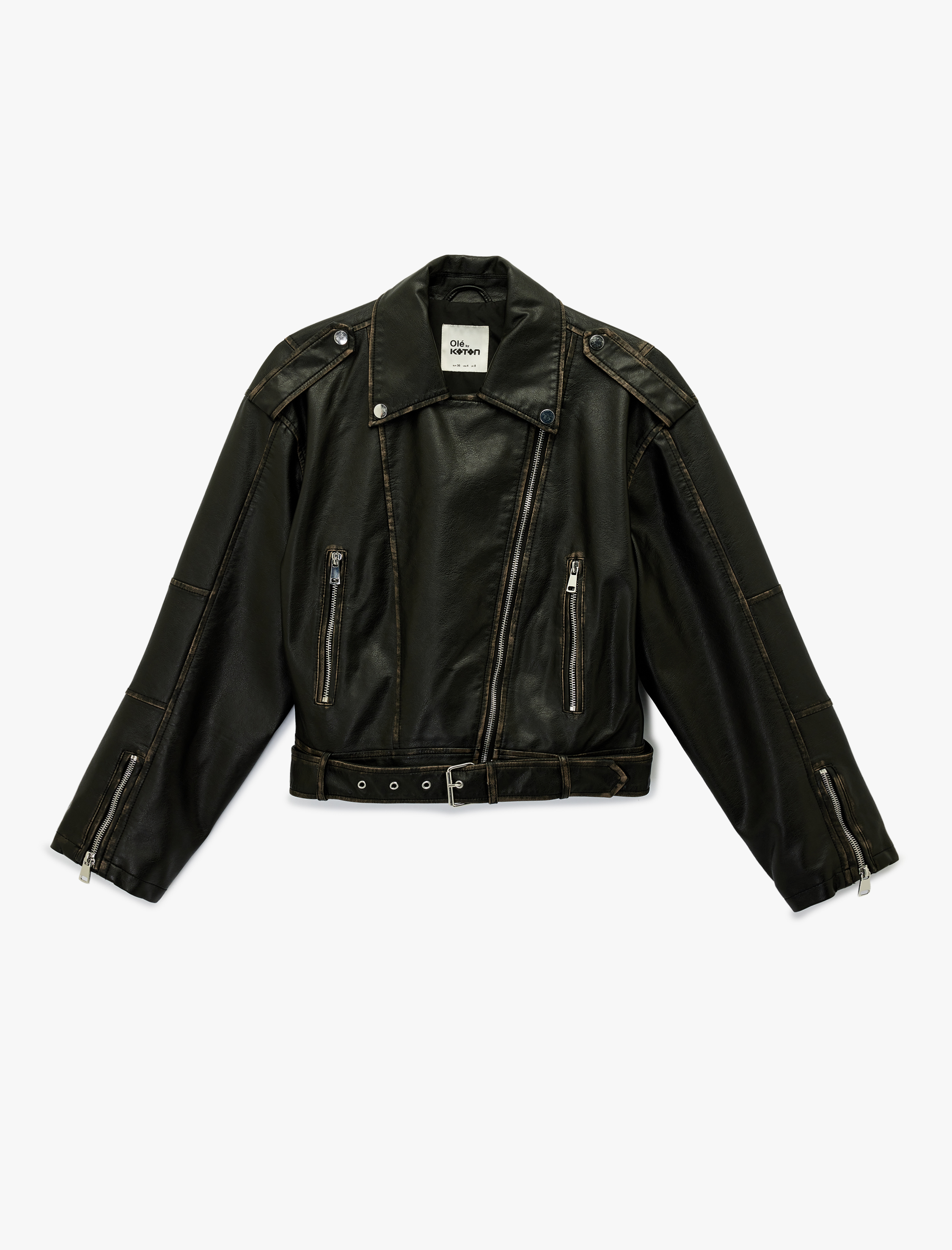   Uzun Kollu Fermuarlı Kemerli Suni Deri Biker Ceket