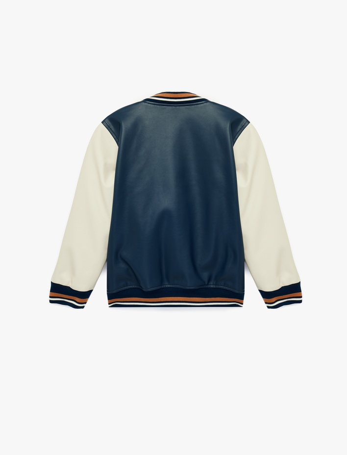 Erkek Çocuk Uzun Kollu Bisiklet Yaka Fermuar Detaylı Suni Deri Kolej Ceket